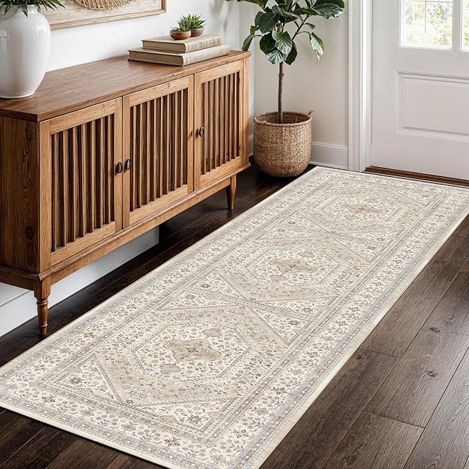 2x5 Runner Rug for Hallway Washable: Non Slip Kitchen Rugs with Rubber Backing Soft Waterproof Mats Stain Resistant Indoor Vintage Carpet Runner for Bedroom Bathroom Laundry Entryway Beige/Gray