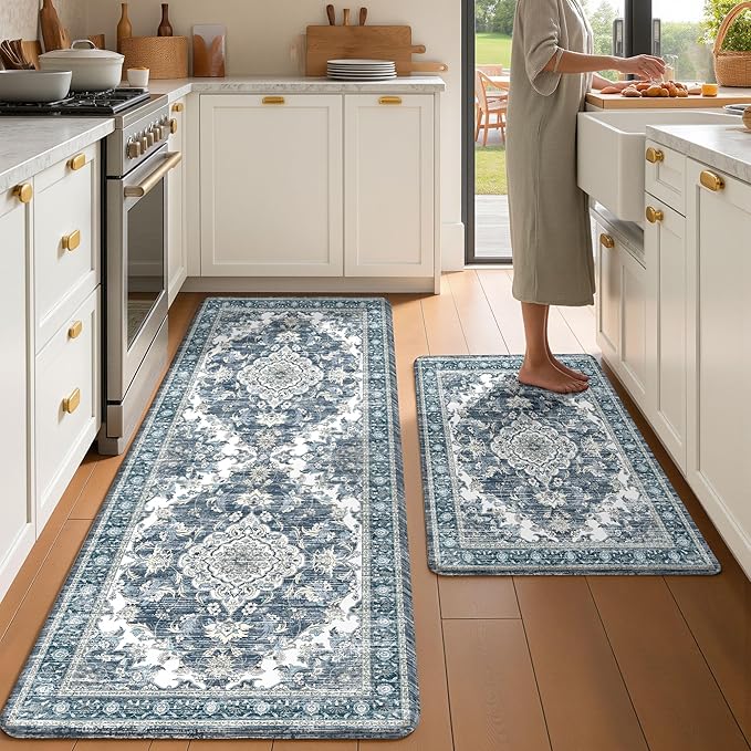 Boho Kitchen Mats for Floor 2 Piece Set Anti Fatigue Cushioned PVC Kitchen Rugs Non Slip Waterproof Farmhouse Mats 2/5 Inch Comfort Standing Mat for Sink, Laundry, 23.6"x39"+23.6"x59", Dark Blue