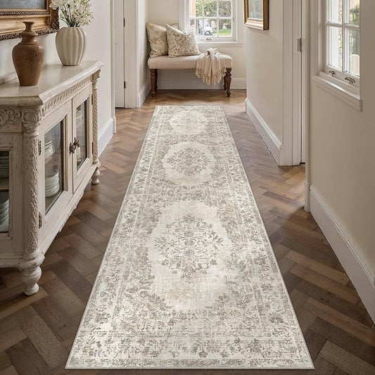 PureCozy 2'6"x12' Runner Rug Beige Washable Hallway Kitchen Bedroom Vintage Distressed Bathroom Non Slip Medallion Floral Carpet Indoor Retro Throw Floor Mat for Office Dining Laundry Living Room