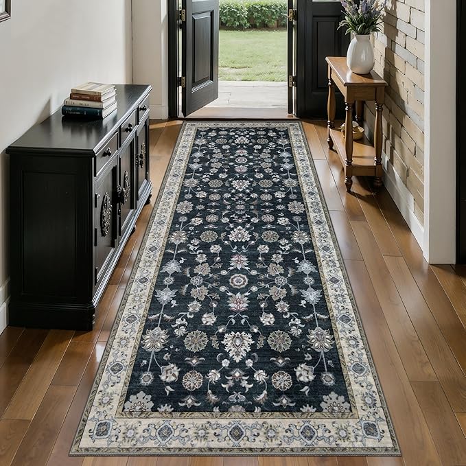 Tangsoo Black 2.6x10 Washable Runner Rug for Hallways, Floral Vintage Runner Rug Non Slip, Oriental Soft Low Pile Long Rug Runner, Black Carpet Runners for Kitchen Bedroom Entryway Living Room