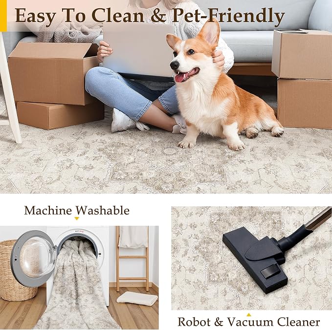 PureCozy Beige Area Rug 4x5 Washable Vintage Carpet Entryway Office Soft Retro Kitchen Low Pile Thin Door Mat Non Slip Oriental Medallion Throw Small Rug for Bathroom Bedroom Dining Living Room