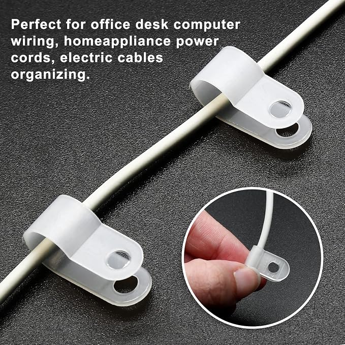 1/4 Inch Nylon Cable Clamps, White, 60pcs R-Type Wire Cable Clips | M4 Screws Included, Screw Mounting Cord Fastener, Wire Management