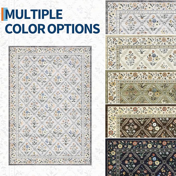 Floral 9x12 Area Rugs for Living Room Bedroom, Soft Washable Rugs 9x12 Stain Resistant, Ultra-Thin Non-Slip Dining Room Rug Non-Shedding Accent Carpet for Office Grey Beige