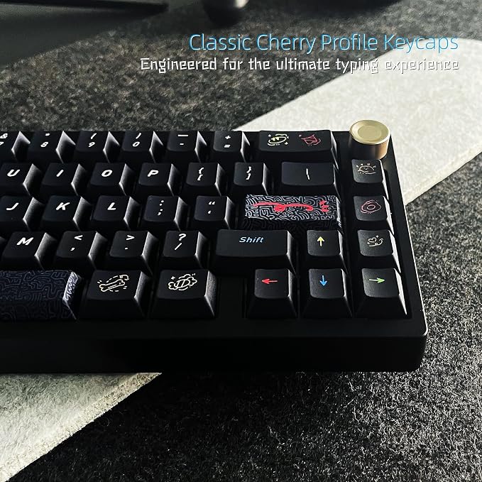 Womier Shine Through Keycaps Black Graffiti Cute PBT Keycaps 60 65 75 100 Percent, Cherry Profile Dye-Sublimation Custom Key caps Set for Cherry Gateron MX Switches Mechanical Keyboard-Black
