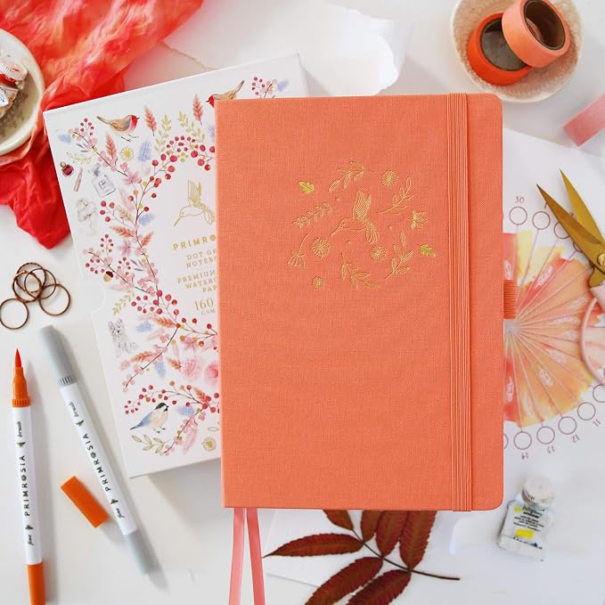 Primrosia A5 Dot Grid Watercolor Journal Notebook – 160 pages I 160gsm Premium Heavy Paper, No Bleed – Luxe Linen Hard Cover (Peach Hummingbird)