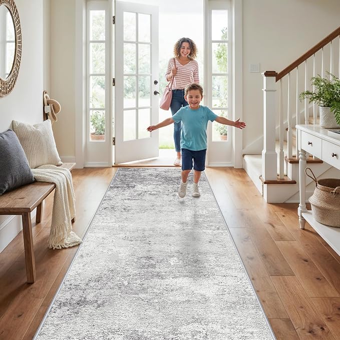 RUUGME 3x10 Washable Runner Rug: Abstract Durable Kitchen Runners Non-Slip Stain Resistant Modern Rugs for Hallway Laundry Low Pile Ultra Thin Soft Carpet for High-Traffic Areas Home Decor 3X10 Grey