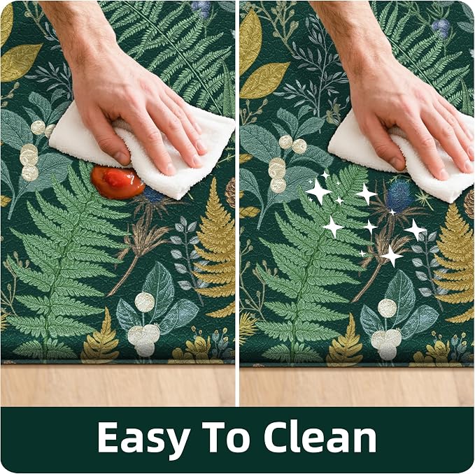 Dark Green Botanical Kitchen Rugs Set of 2 Plant Leaf Anti-Fatigue Kitchen Mat Natural Comfort Standing Waterproof PVC Mats 2/5" Thick Leather Carpet for Laundry Office Sink(17.3" x28" + 17.3" x 47")