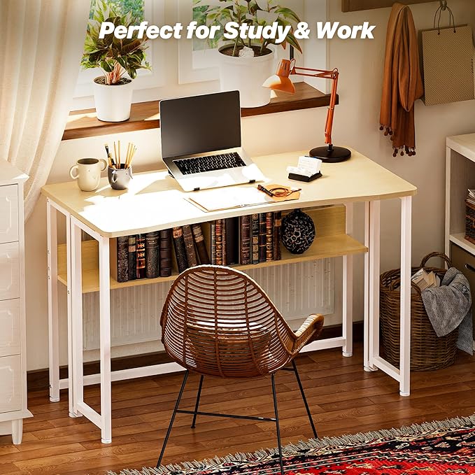 Huuger Folding Desk with Storage Shelf, 39.3 Inch Foldable Computer Table for Small Spaces, Space Saving Sofa Table for Couch, Writing Work Office Computer Desk, Easy to Fold, Oak