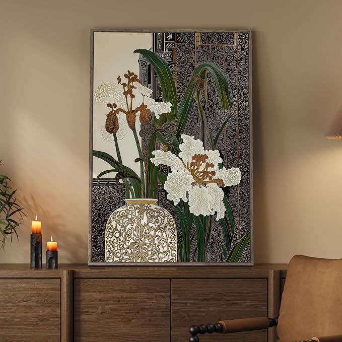 Framed Vertical Vintage Botanical Wall Art, Retro Zen Chinoiserie White Floral Canvas, Antique Asian Chinese Peony Painting Prints for Living Room Bedroom Office Hallway Entryway Wall Decor, 24x36
