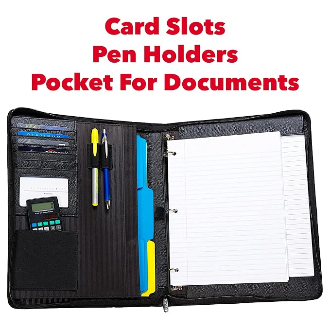 Case-It Executive Zippered Padfolio with Removable 3-Ring Binder and Letter Size Writing Pad, Black (6 Pack)