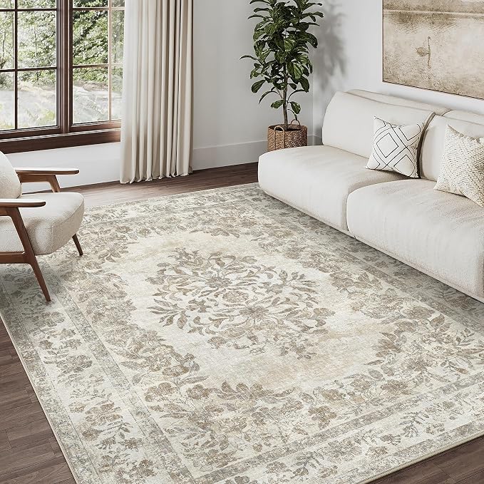 PureCozy 5x7 Area Rug Beige Washable Vintage Distressed Living Room Carpet Large Bedroom Indoor Medallion Floral Non Slip Retro Throw Floor Mat for Office Dining Room Kitchen Bathroom