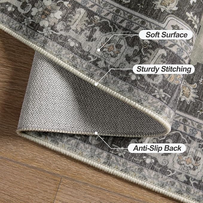 Tangsoo 6x9 Washable Area Rugs for Living Room, Vintage Indoor Non Slip Large Area Rugs, Oriental Print Carpet, Soft Boho Low Pile Rug Foldable Floor Rug for Bedroom Dining Room Home Decor Grey/Taupe
