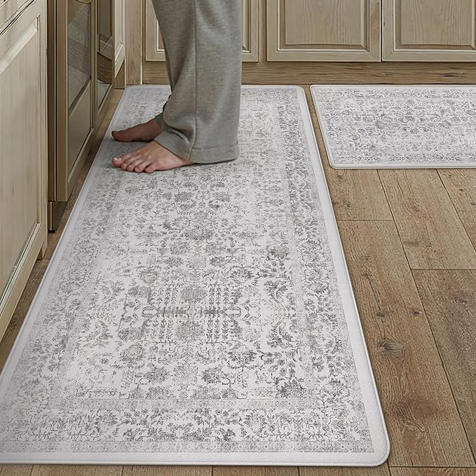 Kitchen Mats 2PCS Anti Fatigue Cushioned Mat Black Vintage Kitchen Mats for Floor Waterproof Non Slip Comfort Standing Retro Floral Rug for Sink Laundry Office 17.3"x47"+17.3"x30"