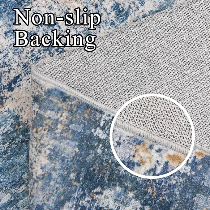 Living Room Area Rugs 9x12: Abstract Washable Bedroom Rugs with Non Slip Rubber Backing Stain Resistant Carpet for Dining Room Soft Indoor Floor Decor Mat for Households/Newlyweds 9x12 Blue White
