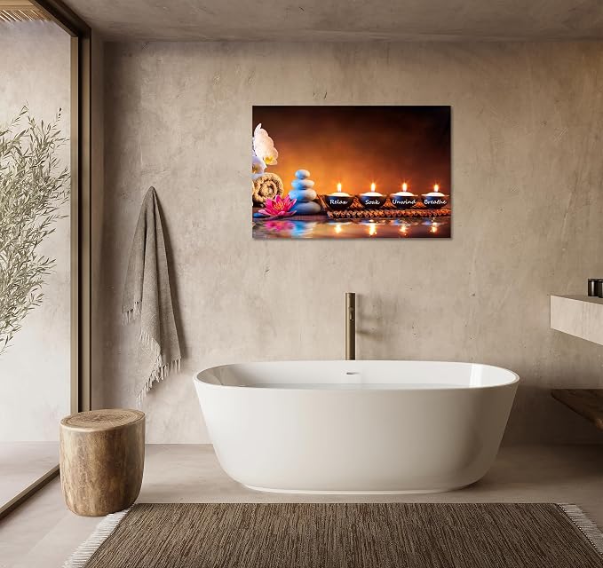 Zen Wall Art Lotus Flower Decor Breathe Canvas Picture Candles Relaxing Peaceful Poster Prints for Zen Spa Room Living Room Bedroom(16.00" x 24.00")