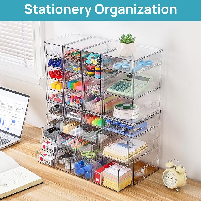 Vtopmart Acrylic Desk Organizer with 32 Drawers for Office, Makeup, Crafts | Clear Storage Drawers for Office Supplies, Desktop Organization for Makeup, Jewelry, Art Crafts, Bead, Pen, Stationary