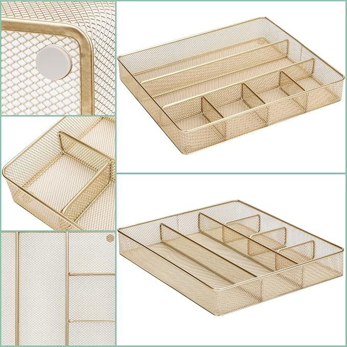 Annova Desk Top Organizer Tray for Office Organization - Metal Mesh - Storage Tray with Dividers for Pens, Desktop Accessories, Bathroom, Kitchen, Makeup and Office Supplies (Large, Gold)