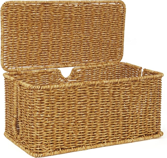 ZhiYo Rattan Cable Management Box, Cord Organizer, Nature, 13.5"x6.2"x6" | Handwoven imitation rattan cord hider box conceals power strips and cables for a clean desk or floor setup