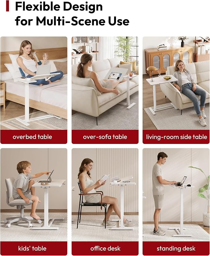 SANODESK 28''Overbed Table Gas Spring Lifting with Wheels&Tilting Desktop | Rolling Mobile Laptop Desk End Table,Portable Computer Workstation for Home Office,Sofa,Bedside,27.6" W x 15.7" D,White