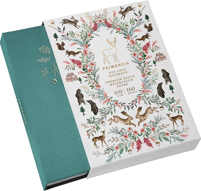 Primrosia A5 Dot Grid Watercolor Journal Notebook – 160 pages I 160gsm Premium Heavy Paper, No Bleed – Luxe Linen Hard Cover (Teal Deer)
