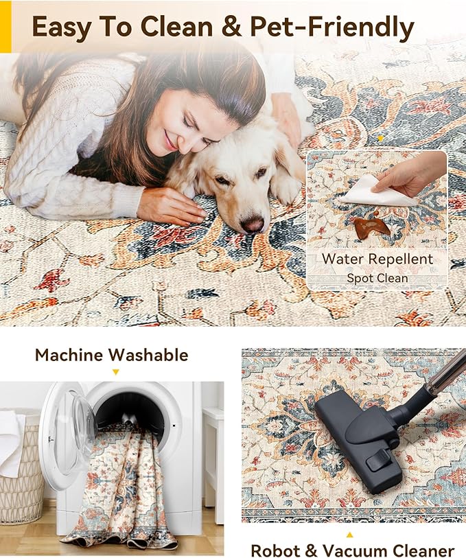 RELEANY Area Rugs 8'x10' Washable Non-Slip, Floral Vintage Distress Medallion Carpet for Living Room Bedroom Dining Room, Beige Navy Blue Orange Colorful
