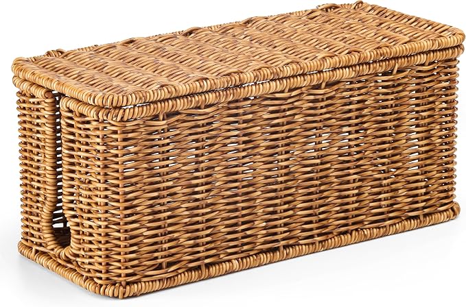 ZhiYo Rattan Cable Management Box, Speckled Brown, 12.5" x 5" x 5.2" | Handwoven imitation rattan cord organizer box conceals power strips and cables for a clean desk or floor setup