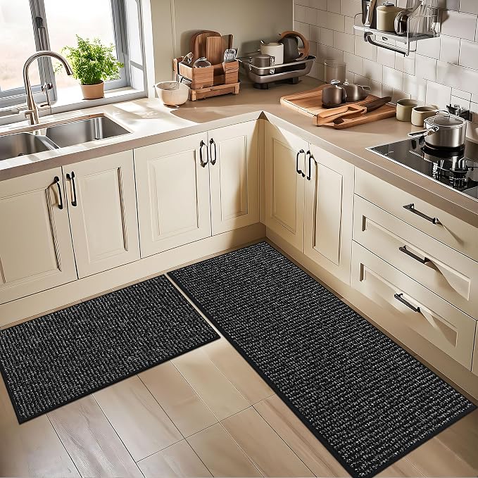 BEQHAUSE Kitchen Rugs 24"x36", Non-Slip Kitchen Mats for Floor, Super Absorbent and Stain Resistant Kitchen Rugs, Machine Washable Rugs for Kitchen, Hallway, Laundry & Sink, Black