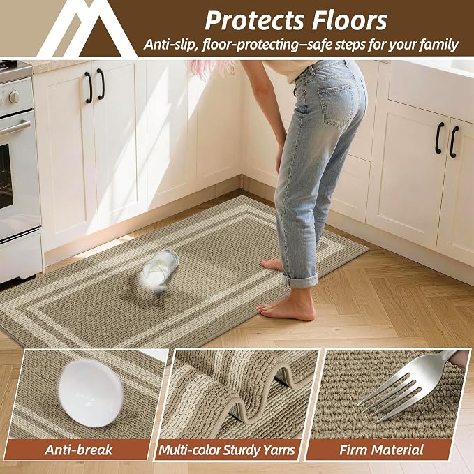 COSY HOMEER Kitchen Rugs Sets 2PCS,Non-Slip Washable Kitchen Mats for Floor,Absorbent and Stain Resistant Kitchen Runner Rugs for Kitchen Sink Laundry Entryway,20"x30"+20"x48",Beige