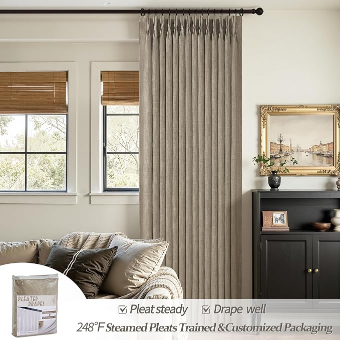 Greyish Beige Double Layer Linen Blackout Curtains 96 Inches Long for Bedroom, Memory Trained Pinch Pleated Insulated Rustic Windows Curtain Room Darkening 40x96 Inch Length Oak Taupe Drapes 2 Panels
