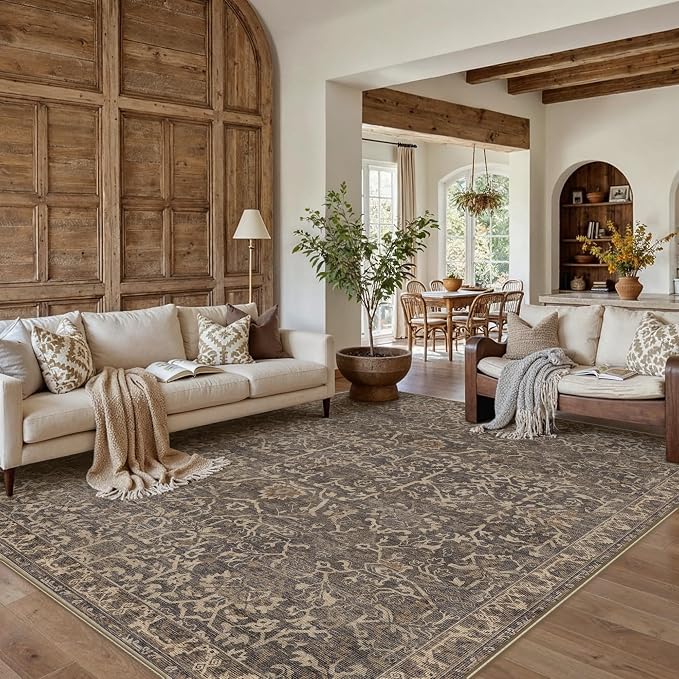 HUGEAR Area Rug 8x10 Retro Brown Machine Washable Living Room Rugs Distressed Vintage Floral Vacuumable Low Pile Carpet Bedroom Office Dining Room Laundry Room Non Slip Soft Lightweight