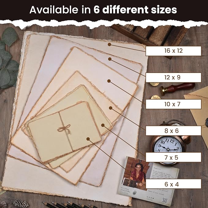 LEATHER VILLAGE Watercolor Paper - 9.5 X 12.5 inches, 50 Sheets - Mixed Media Watercolor Paper - 150 GSM Thick Deckle Edge Virgin Cotton Handmade Paper - Vintage Toned