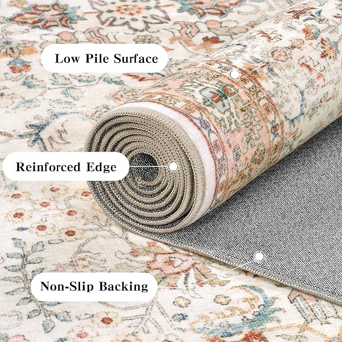 6x9 Pink Washable Area Rugs for Living Room Non Slip Low Pile Vintage Boho Throw Rug Soft Retro Distressed Floral Large Carpet Indoor Farmhouse Decor for Bedroom Dining Room Office Kitchen Playroom