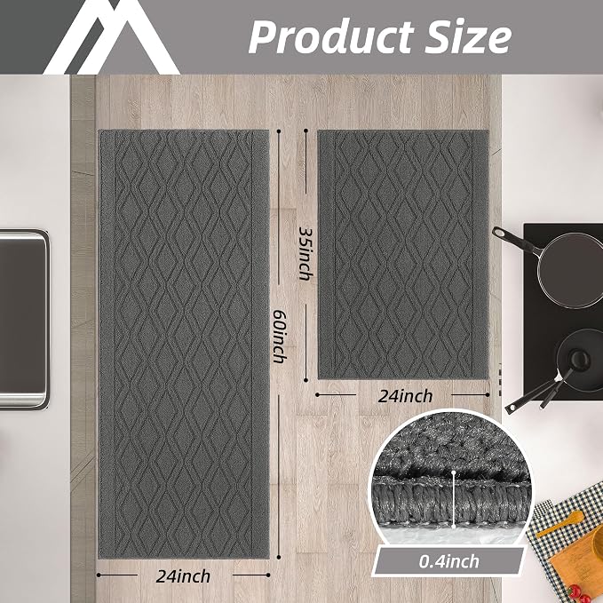 COSY HOMEER 60x24Inch/35X24Inch Kitchen Rugs Sets Non-Slip Washable Kitchen Mats for Floor Polypropylene Absorbent Kitchen Runner for Kitchen Sink Hallway Entryway(Grey)