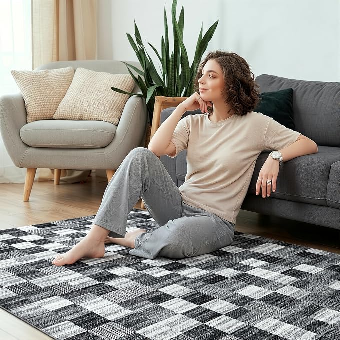 Terrug Black and White Checkered Rug for Bedroom, 4x6 Area Rugs Washable with Non Slip for Living Room, Soft Low Pile Stain Resistance Abstract Carpet for Kids Room