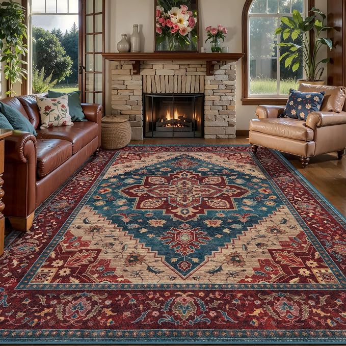 Tangsoo Oriental 6x9 Washable Area Rugs for Living Room, Vintage Indoor Non Slip Large Area Rugs, Print Distressed Carpet, Soft Boho Low Pile Rug Foldable Floor Red Rug for Bedroom Dining Room
