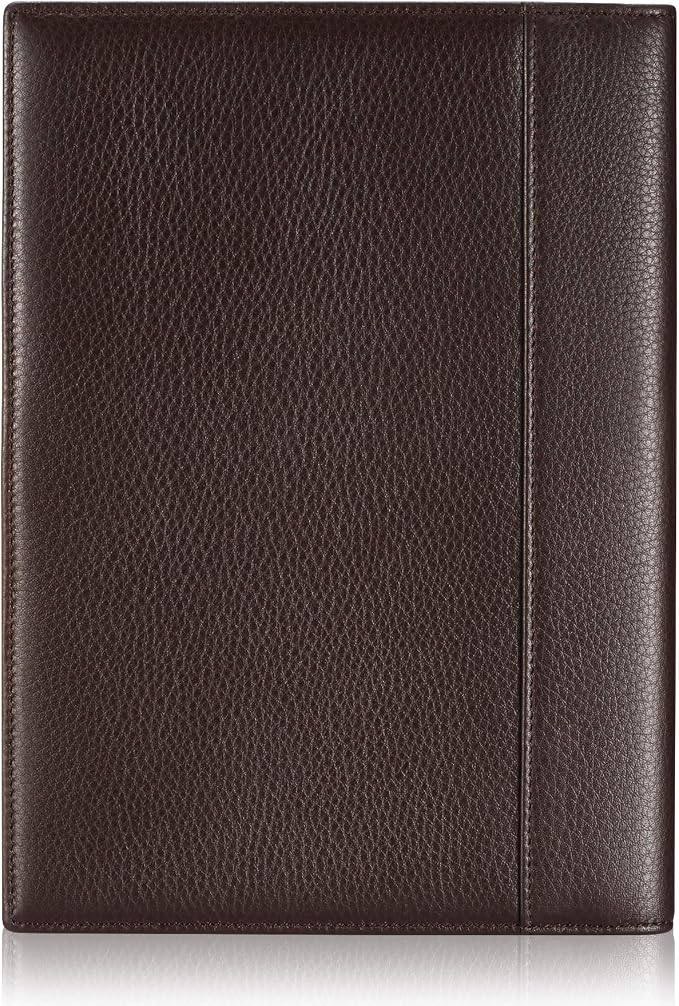 HISCOW Slim Leather Junior Padfolio, 5x8 Notepad Cover, Pebbled Coffee | Full-grain tumbled cowhide, top-loading legal pad holder, rigid pen loop, quick-access card slot, zipperless boardroom design