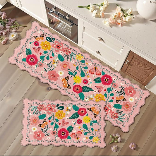 Scalloped Pink Valentines Kitchen Mats for Floor 2PC Cushioned Anti Fatigue Kitchen Mats Rugs Waterproof Non Slip Farmhouse Boho Floral Comfort Foam Standing Mat for Sink Laundry