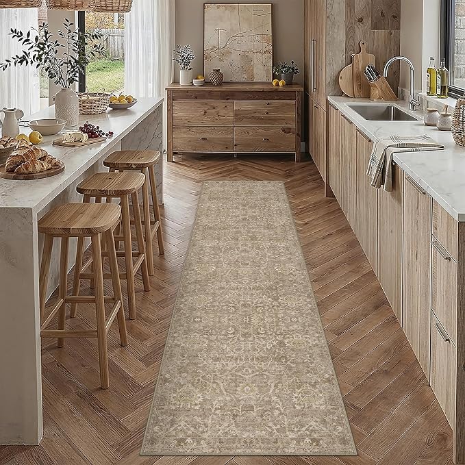 HUGEAR 2x8 Runner Rug Hallway Light Brown Machine Washable Vintage Floral Low Pile Carpet Vacuumable Distressed Long Throw Rug Bedroom Office Bathroom Kitchen Laundry Non Slip Soft Lightweight