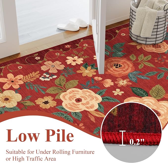 DUKINO 2x4 Rug for Entryway, Washable Kitchen Floral Runner Rug with Non Slip Backing, Low Pile Soft Boho Carpet for Kitchen, Hallway, Entryway, Laundry, Bedroom, Red