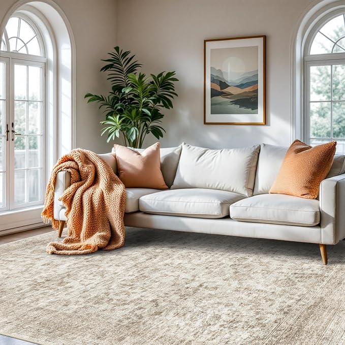 RUUGME Living Room Area Rug 8x10 - Vintage Washable Rugs with Non Slip Backing Indoor Stain Resistant Carpet for Bedroom Playroom Soft Lightweight Ultra-Thin Home Decor Mat 8x10 Beige Brown