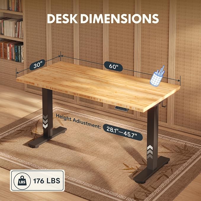 FLEXISPOT 60" x 30" Solid Bamboo Standing Desk, Black Frame | Real Bamboo Desktop with Natural Grain, Durable & Sustainable, 176 LBS Capacity, Home Office and Multi-Monitor Setups