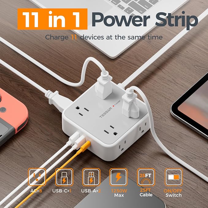 TESSAN Surge Protector Power Strip, 25 Ft Flat Plug Extension Cord with 3 USB (1 USB C 20W PD) 8 Outlets, 1250W, 900J Protection, 3 Sided Outlet Extender with Power Switch for Office, Dorm Room, Grey
