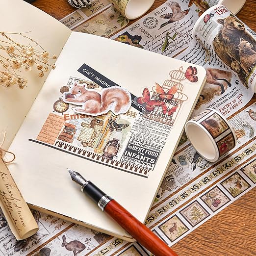 18 Rolls Vintage Washi Tape Pack Retro Arts Adhesive Tapes Wide Monologue Decorative Masking Tape Sets for Craft, Kids, Scrapbook, DIY, Gift Wrapping (Jungle Trails)