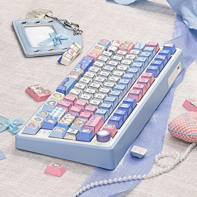 Manga Themed Keycaps 134 Key PBT Keycap Set Cherry Profile Dye-Sublimation Cute Keycaps with Denim Bunny Design for 61/87/104/108/84/64/98/96 Mechanical Keyboard