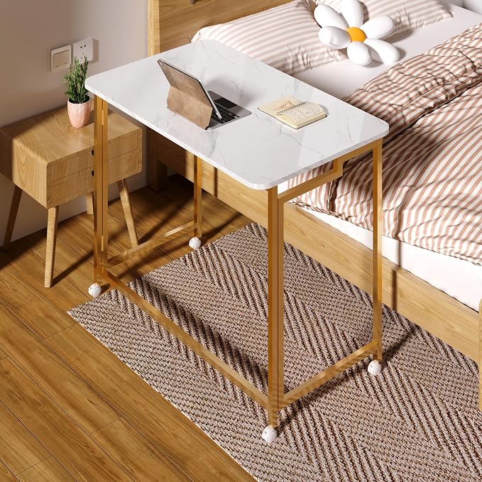 4NM 27.5" Mobile Small Rolling Computer Desk, Folding Laptop Cart Table with Wheels, Portable Office Desk for Small Space Couch Bed - White and Golden