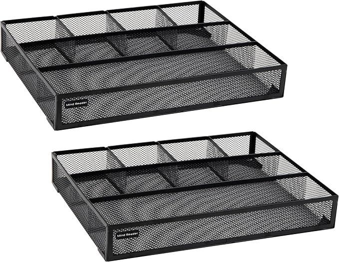 Mind Reader 6-Compartment Drawer Organizer, Metal Mesh Desk Organizer for Office, Kitchen, Utensils, Supplies, Set of 2, Black