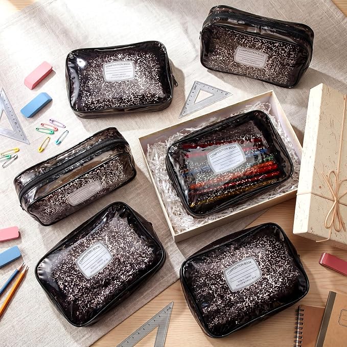 Suclain 12 Pack Back to School Gift for Teacher, Composition Book Theme PVC Zipper Organizer Pouches, 7.9 × 5.9 × 2.4 in Storage Bags for Classroom Rewards Teacher Student Gift Bags