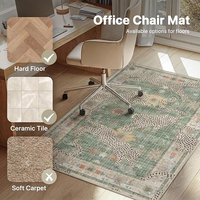 36"x48" Office Chair Mat for Hardwood Tile Floor, Under Desk Carpet Protector for Rolling Computer Chair Mat, Machine Washable Area Rug, Anti-Slip 1/5" Thick Low Pile Thin Vinyl Floor Mat, Sage Green
