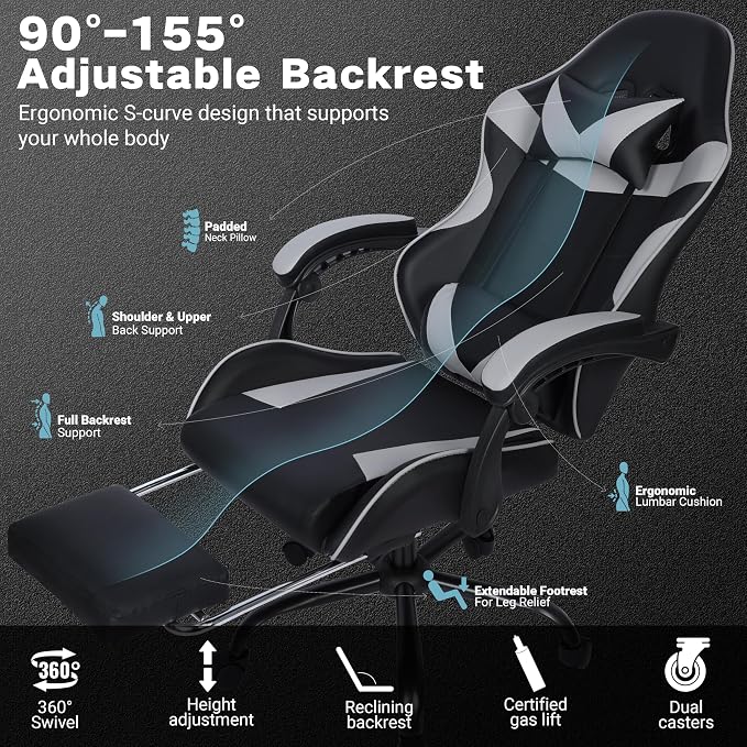 Gaming Chair with Footrest and Lumbar Support, Height Adjustable Chair with 360°Office Desk Chair,Heavy Duty 330lbs Computer Chair for Adults