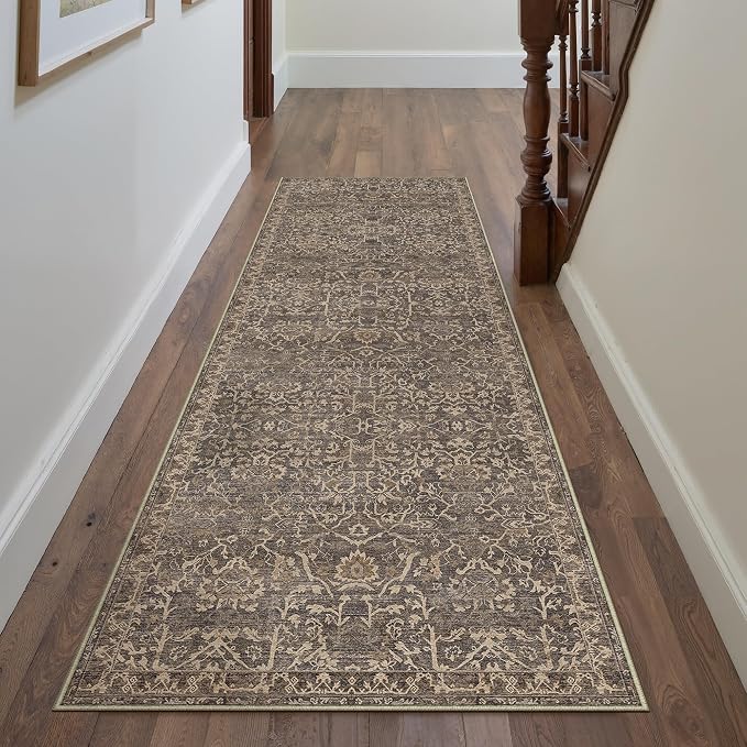 HUGEAR 2'6''x8 Runner Rug Machine Washable Retro Brown Hallway Area Rug Indoor Vintage Rugs Floral Low Pile Carpet Soft Throw Rugs Bedroom Living Room Office Dining Kitchen Laundry Non Slip